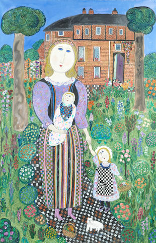Dora Holzhandler (British, 1928-2015) Mother and Children in Garden (Painted in 1999)