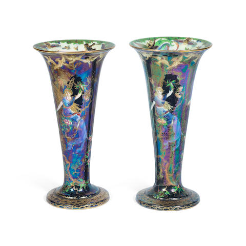 'Butterfly Women': A Pair of Eartheware Black Fairyland Lustre Vases Designed by Daisy Makeig-Jones for Wedgwood PRINTED FACTORY BACKSTAMP AND PAINTED PATTERN NO. 'Z4968'