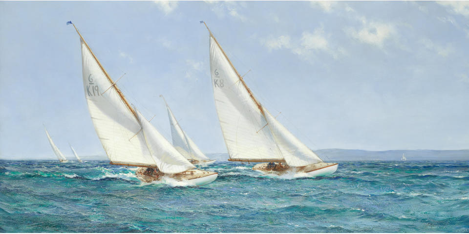 Montague Dawson (British, 1890-1973) Racing for the Corinthian Challenge Cup on Lough Derg