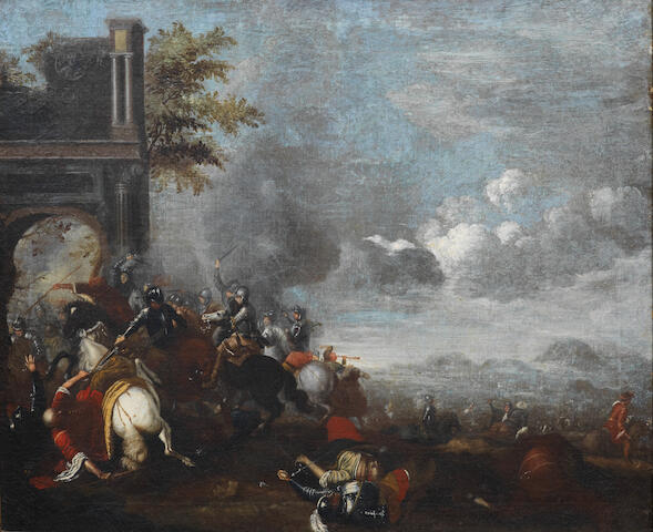 Bonhams Neapolitan School Late 17th Century A Cavalry Skirmish Before A Ruined Arch And A Cavalry Skirmish Before Ruins 2