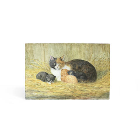 a rare painted pottery plaque with tabby cat and kittens by hannah barlow ARTIST MONOGRAM, CIRCA 1890