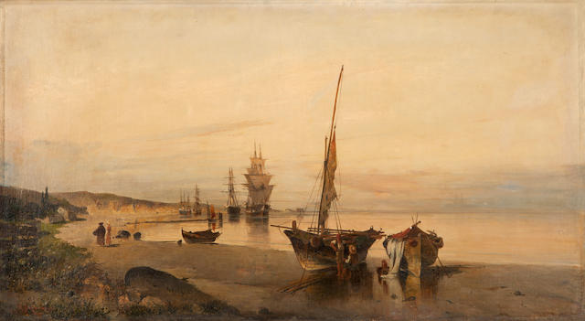 Constantinos Volanakis (Greek, 1837-1907) Sunset promenade with ships in the distance     56 x 100 cm.