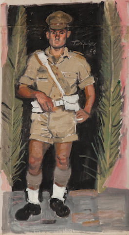 Yiannis Tsarouchis (Greek, 1910-1989) Greek military policeman in front of pink wall with two palm leaves 45 x 25.5 cm.