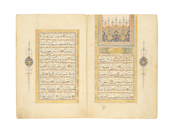Selected suras from the Qur'an, copied by Isma'il al-Zuhdi, in the style of Shaykh Hamdullah, better known as Ibn al-Shaykh Ottoman Turkey, probably Constantinople, dated AH 1217/AD 1802-03