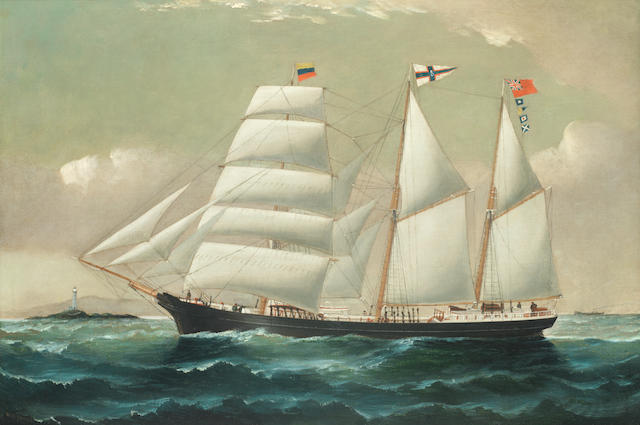 William Howard Yorke (American, 1847-1921) The British barquentine Ellen Lloyd under full sail, outward bound for Venezuela and passing the Skerries lighthouse