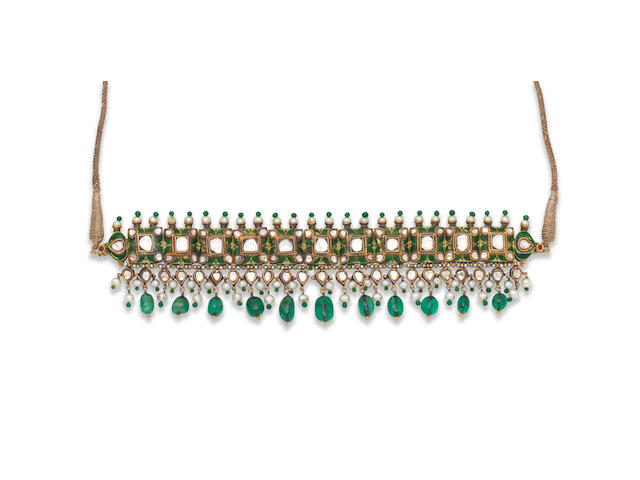 A diamond, emerald and pearl-mounted enamelled gold necklace (guluband) Deccan, 19th Century