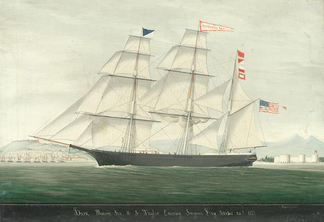 Raffaele Corsini (Turkish, late 19th Century) 'Bark Western Sea, H.S. Taylor Entering Smyrna Bay October 20th 1855'