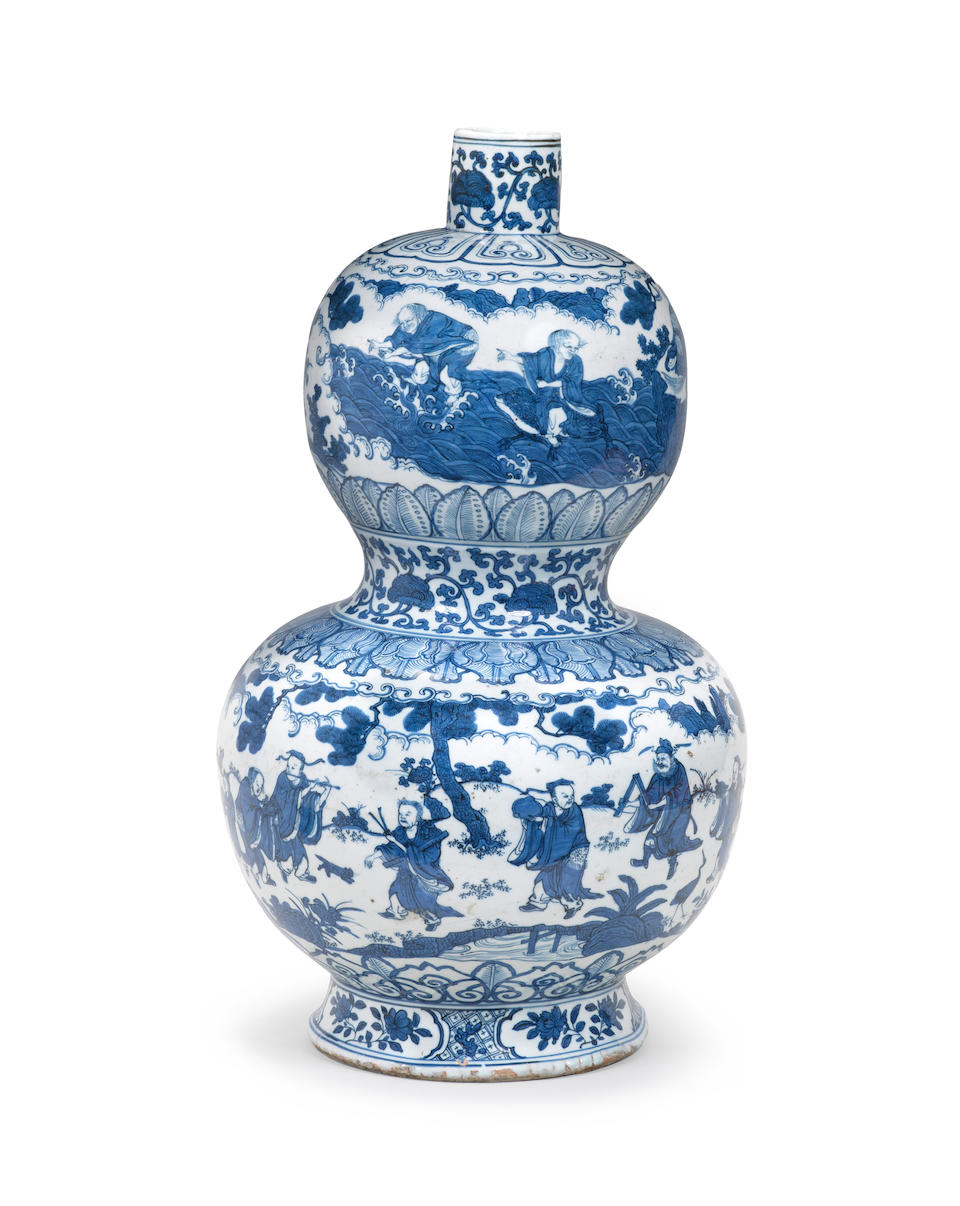 An exceptionally rare and large blue and white 'Immortals' double-gourd vase Jiajing six character mark and of the period