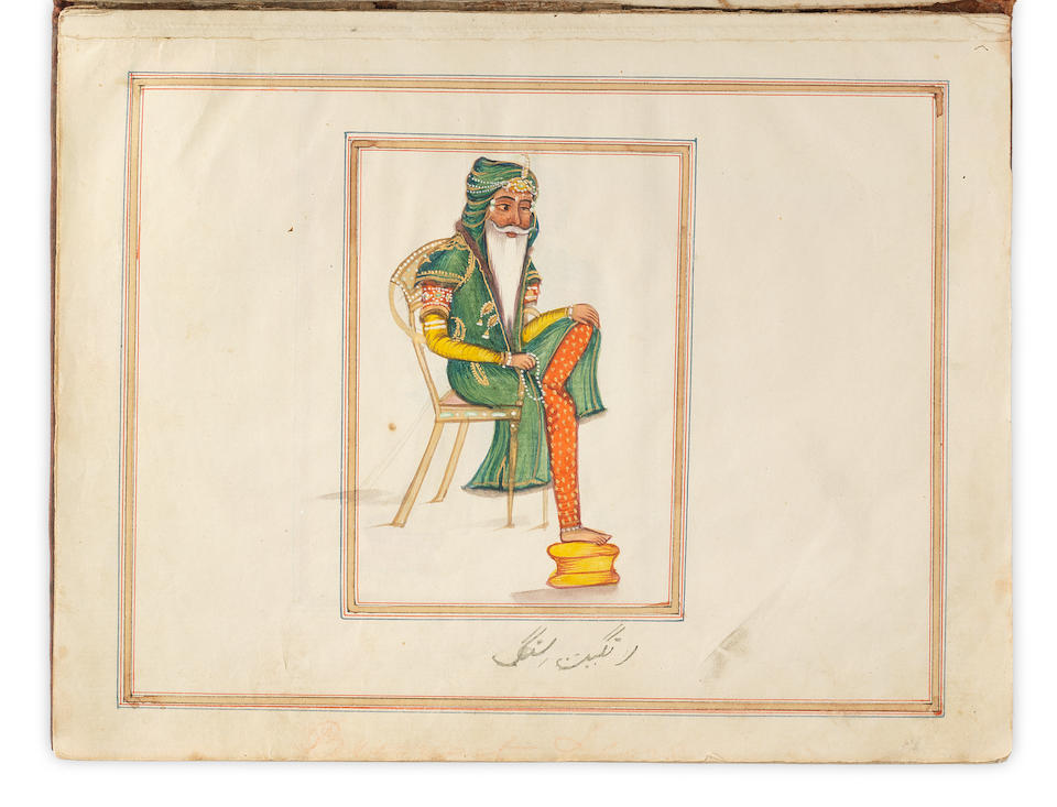 An album of sixty watercolour paintings of Sikh subjects, including Maharajahs Ranjit Singh and Duleep Singh, monuments including the Golden Temple at Amritsar, and numerous tradespeople and entertainers Punjab, circa 1840-50