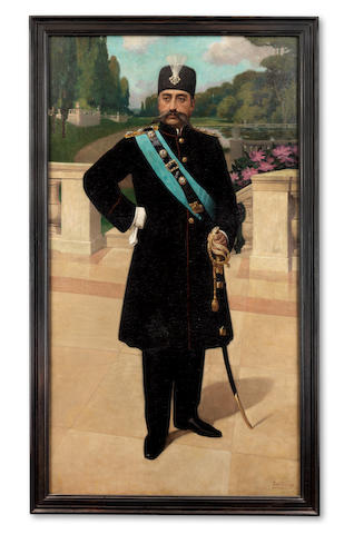 An official portrait of Muzaffar al-din Shah Qajar (Reg. 1896-1907), painted on the occasion of his state visit to Belgium in 1905, by Aim&#233; Oscar Stevens Belgium, dated 1905