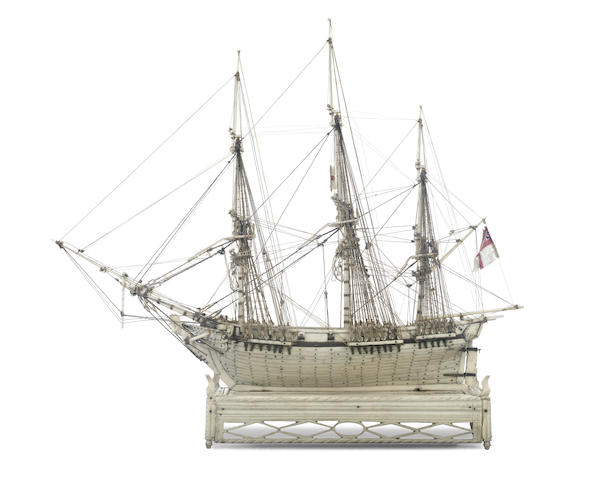 A prisoner-of-war bone model of a frigate,  early 19th century, 24 x 26.5cm (9 1/2 x 10 1/2in)