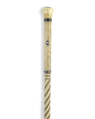 A whale bone and marine ivory walking stick,  English, mid 19th century, 35 1/2in (90cm) long