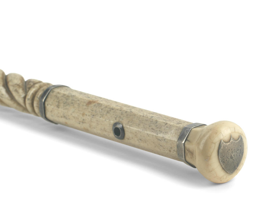 A whale bone and marine ivory walking stick,  English, mid 19th century, 35 1/2in (90cm) long