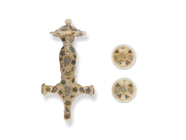 A fine Mughal gold and jade inlaid jade tulwar hilt and sword belt fittings North India, 17th Century(4)