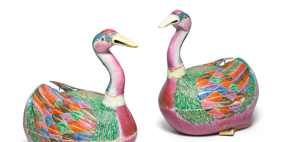 A very fine and rare pair of famille rose 'goose' tureens and covers Qianlong, circa 1780 (4)