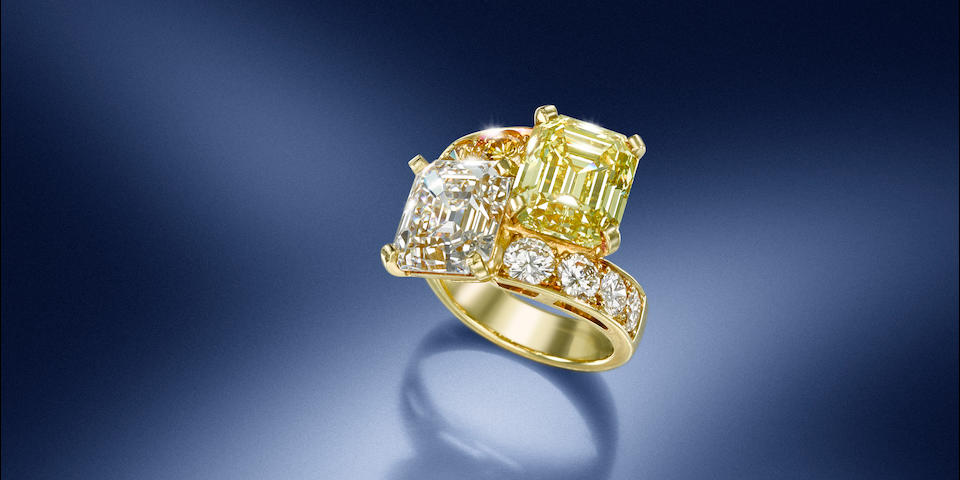 A fancy-coloured diamond and diamond 'Toi et moi' ring, by Cartier
