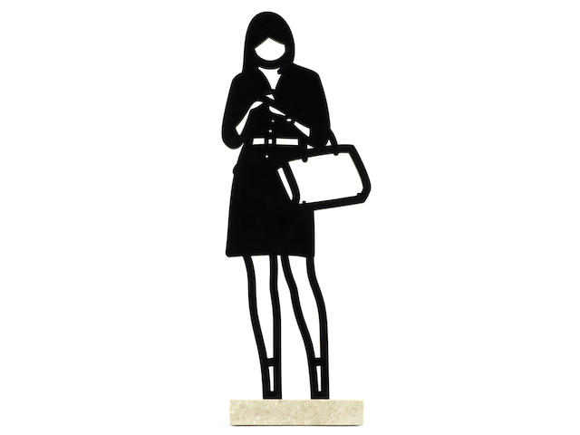 Julian Opie (British, born 1958) Handbag, from 'Melbourne Statuettes Series'  Patinated black bronze on crema, grey light stone base, 2018, signed in black ink on a label affixed to the underside, one of four artist's proofs aside from the numbered edition of 25, overall size 510 x 190 x 120mm (20 1/8 x 7 1/2 x 4 3/4in)