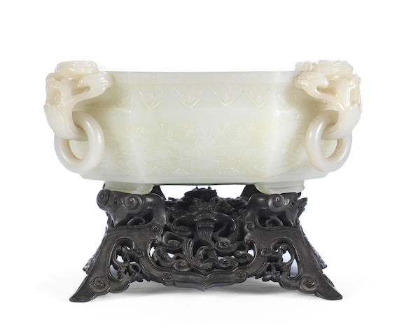 A superb greenish-white jade octagonal 'marriage' bowl Qianlong (2)