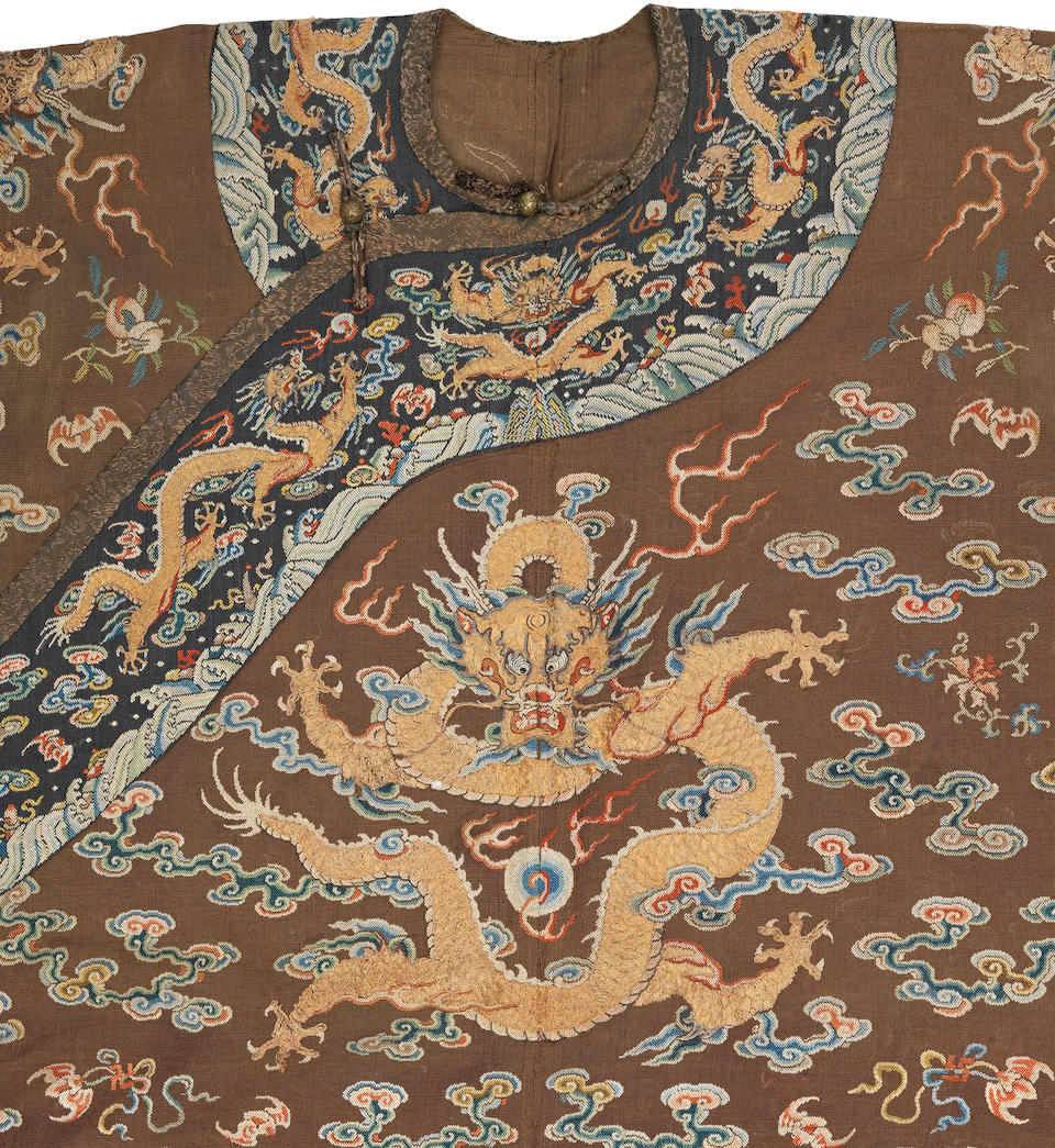 A very rare Imperial chestnut-ground gauze silk summer 'dragon' robe, jifu Qianlong