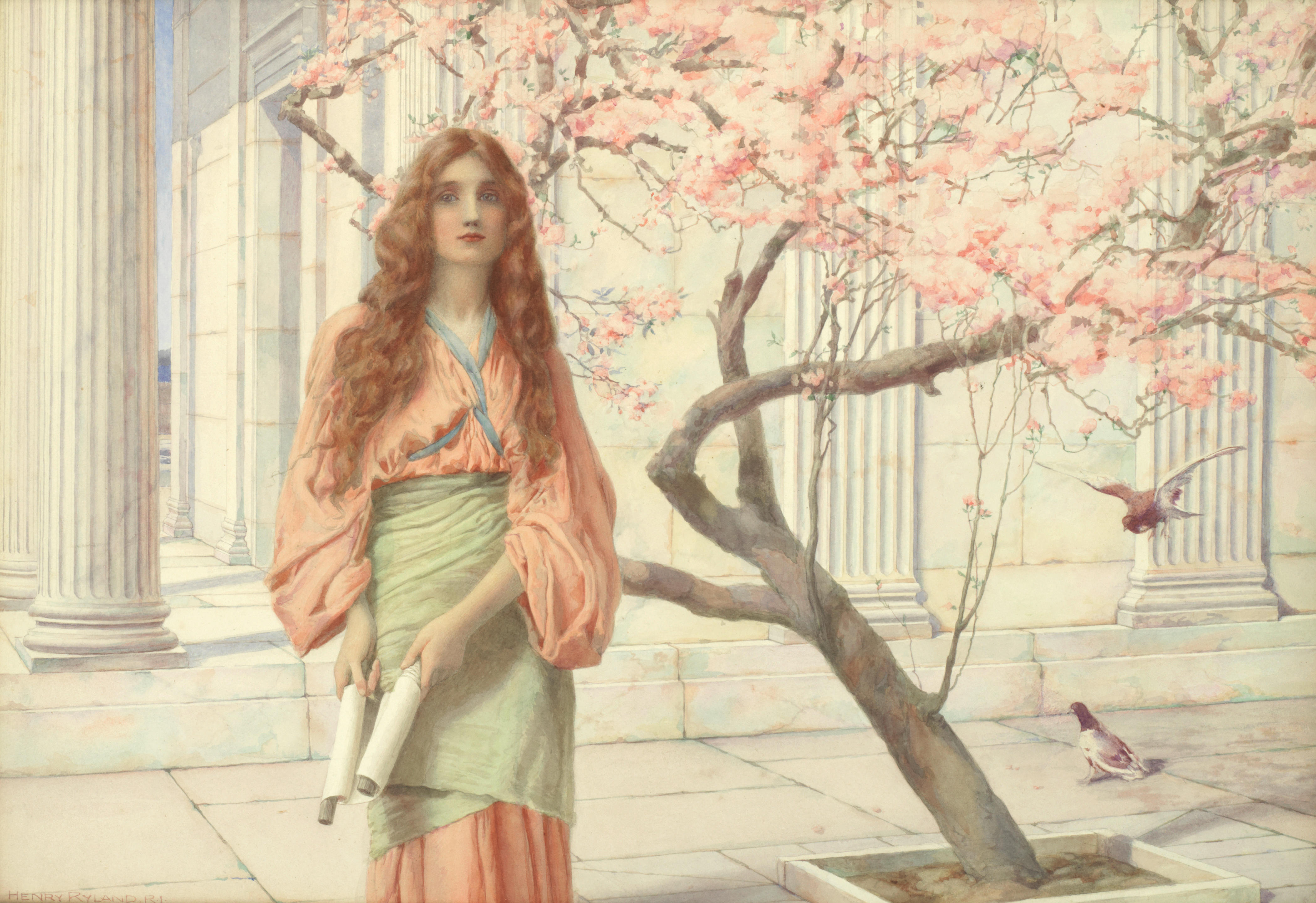 Henry Ryland, RI (1856-1953) Beneath the cherry blossom signed 'HENRY ...
