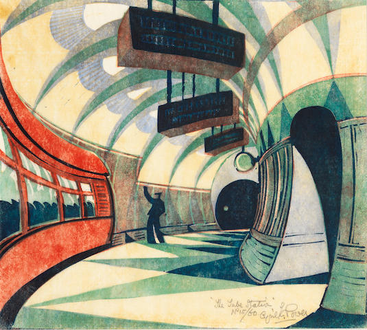 Cyril Edward Power (1872-1951) The Tube Station Linocut printed in yellow ochre, spectrum red, permanent blue, viridian and Chinese blue, circa 1932, on buff oriental laid tissue, signed, titled and numbered 15/60 in pencil, with wide margins, in very good condition, framedBlock 258 x 295mm. (10 1/8 x 11 3/4in.); Sheet 321 x 348mm. (12 5/8 x 13 5/8in.)