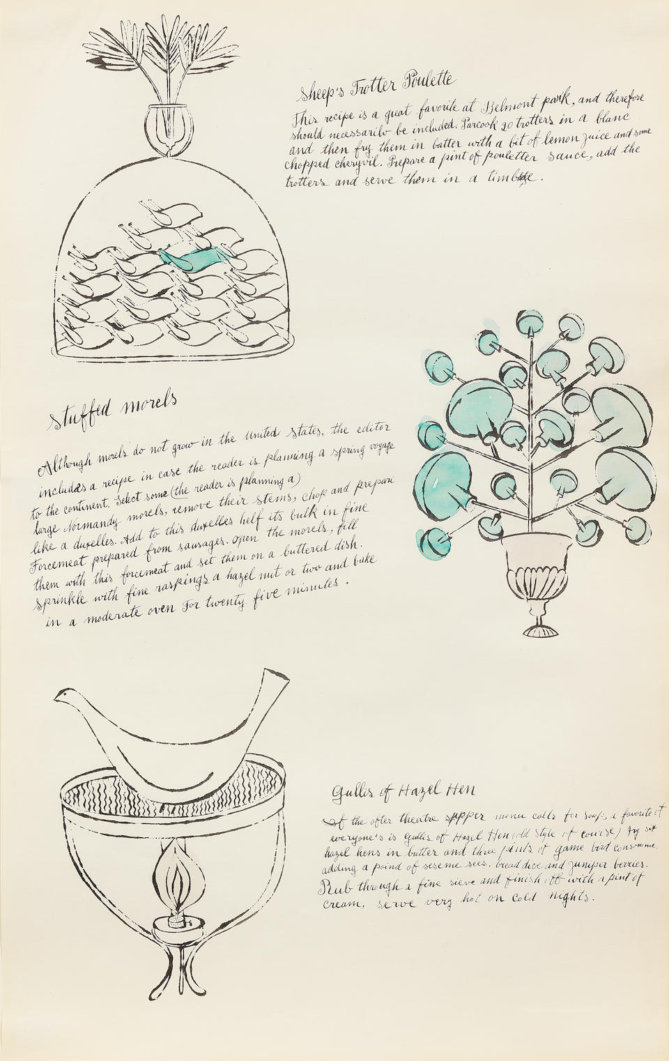 Andy Warhol (American, 1928-1987) Wild Raspberries The complete set of eighteen offset lithographs, of which seventeen with hand-colouring, one printed on a double sheet, in-texte, with recipes by Suzie Frankfurt, 1959, on laid paper, with title page, from the edition of unknown size, the full sheets, colours fresh and bright, in good conditionSheets 432 x 276mm. (17 x 10 7/8in.); the double sheet 435 x 556mm. (17 x 21 7/8in.)