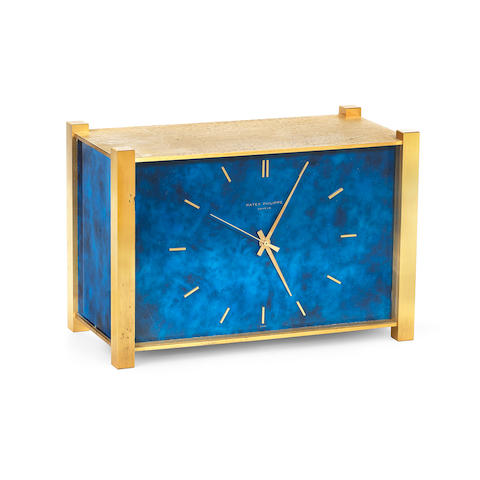 Patek Philippe. A gilt brass and blue lacquered electronic quartz desk clock Pendulette, Ref: 1100B, Sold 1st April 1973