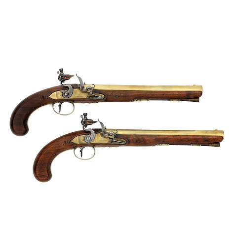 A Pair Of 18-Bore Flintlock Tutenag-Mounted Duelling Pistols With Brass Barrels And Locks (2)