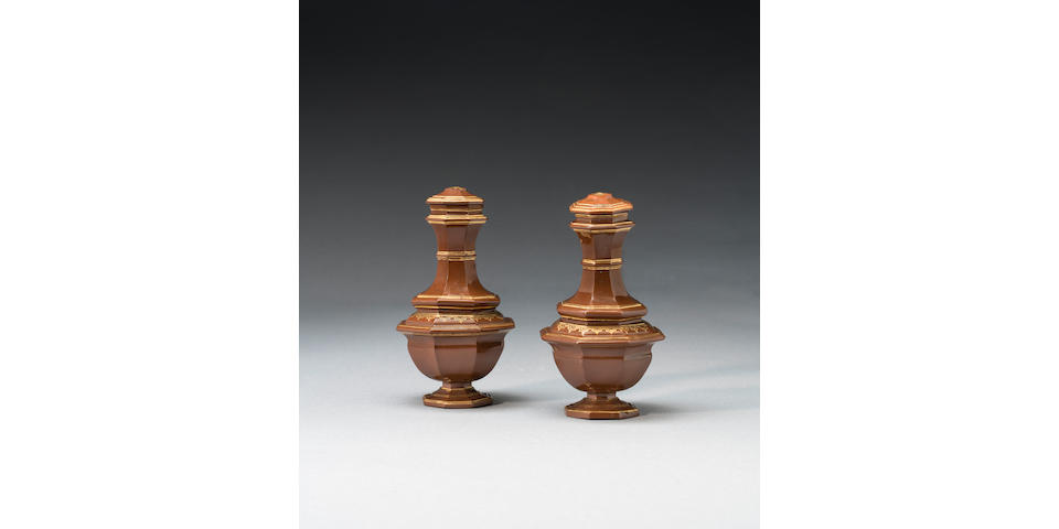 A rare pair of Meissen B&#246;ttger stoneware octagonal vases and covers, circa 1710-13