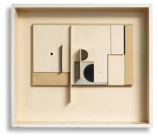 Victor Pasmore R.A. (British, 1908-1998) Abstract in White, Black and Ochre 64.2 x 73.6 cm. (25 1/4 x 29 in.) (including the artist's painted box frame) (Executed between 1951-3)