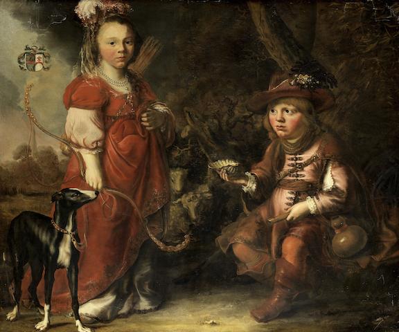 Douwe Juwes de Douwe (Leeuwarden 1608-circa 1661) Portrait of a boy and girl as Granida and Daifilo, in a landscape