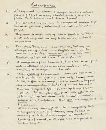 TOLKIEN (J.R.R.) Autograph rules for one of his word-games, headed Word-extraction, listing seven numbered rules, Bournemouth, c.1968 image 1