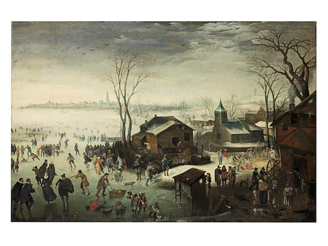 Attributed to Jan Wildens (Antwerp 1586-1653) Winter: a landscape with elegant figures skating and boys fighting with snowballs in the foreground, beside a village and a view of Antwerp in the distance beyond