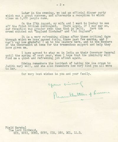 Bonhams India Mountbatten And Independence Day Typed Letter Signed By Lord Mountbatten Mountbatten Of Burma To Lord Birdwood Dear Field Marshal Excitedly Describing The Handover Of Power And Indian Independence