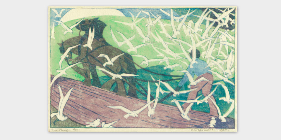 Ethel Spowers (Australian, 1890-1947) The Plough Linocut, 1928, printed from three blocks in emerald green, cobalt blue and mauve, on tissue-thin Japan, signed, dated, titled and numbered 22/50 in pencil, with margins, 206 x 316mm (8 1/8 x 12in)(B)