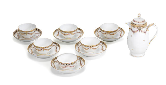 Five Nyon teabowls and saucers and a jug and cover, circa 1780