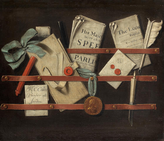 Edward Collier (Breda circa 1640-circa 1706 London) A trompe l'oeil still life of a letter rack with a quill pen, pamphlets, sealing wax and various papers