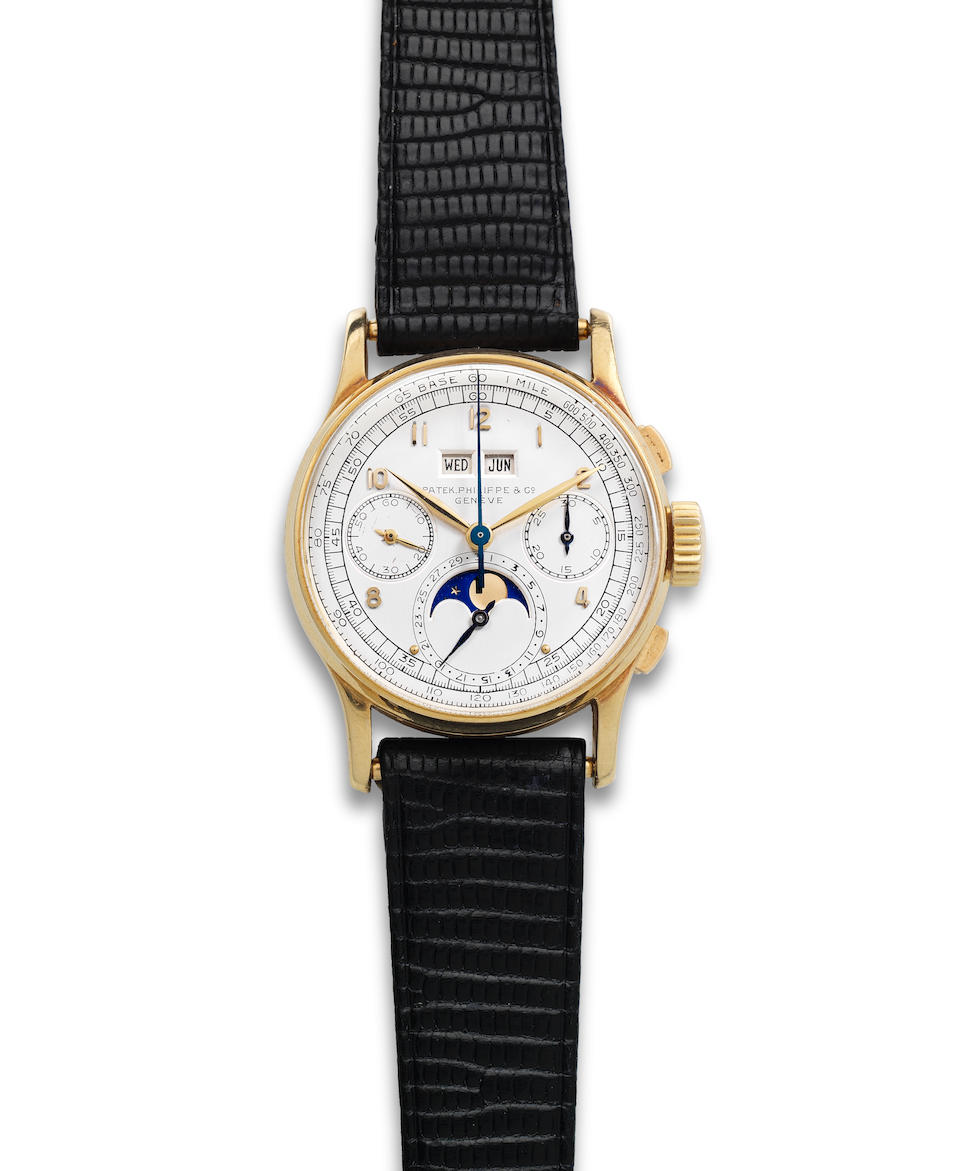 Patek Philippe. A very rare and fine 18K gold manual wind perpetual calendar chronograph wristwatch with moon phase Ref: 1518, Manufactured 1947, Sold April 6th 1948
