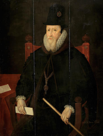 Circle of Marcus Gheeraerts the Younger (Bruges 1561-1635 London) Portrait of William Cecil, 1st Baron Burghley, three-quarter-length, seated by a table, wearing black, with the Order of the Garter, with a fine jewel bearing a cameo portrait of Queen Elizabeth I, holding the Lord Chamberlain's white staff of office