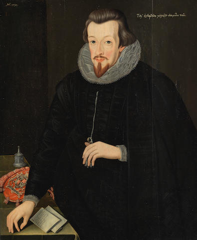 Attributed to John de Critz (Antwerp 1551-1642 London) Portrait of Robert Cecil, 1st Earl of Salisbury, three-quarter-length, in black costume beside the purse of the Lord Privy Seal