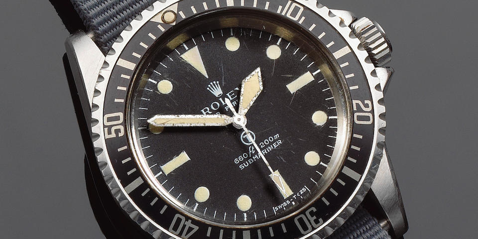 Rolex. A rare military stainless steel automatic wristwatch issued to the Royal Navy  Military Submariner, Ref: 5513, Circa 1972