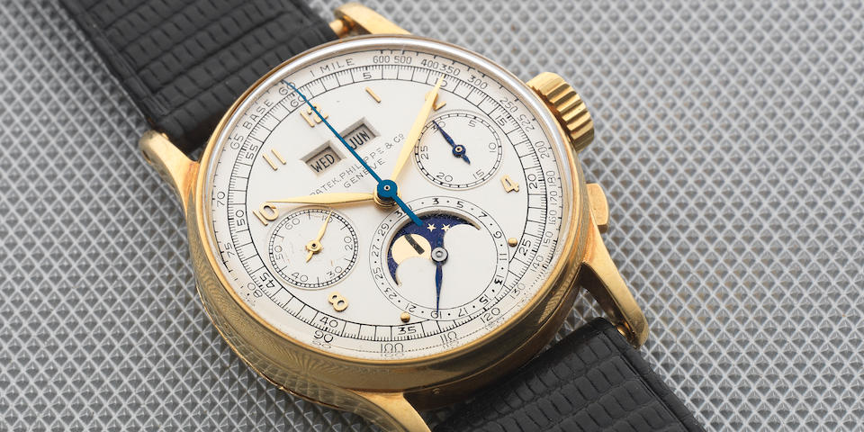 Patek Philippe. A very rare and fine 18K gold manual wind perpetual calendar chronograph wristwatch with moon phase Ref: 1518, Manufactured 1947, Sold April 6th 1948