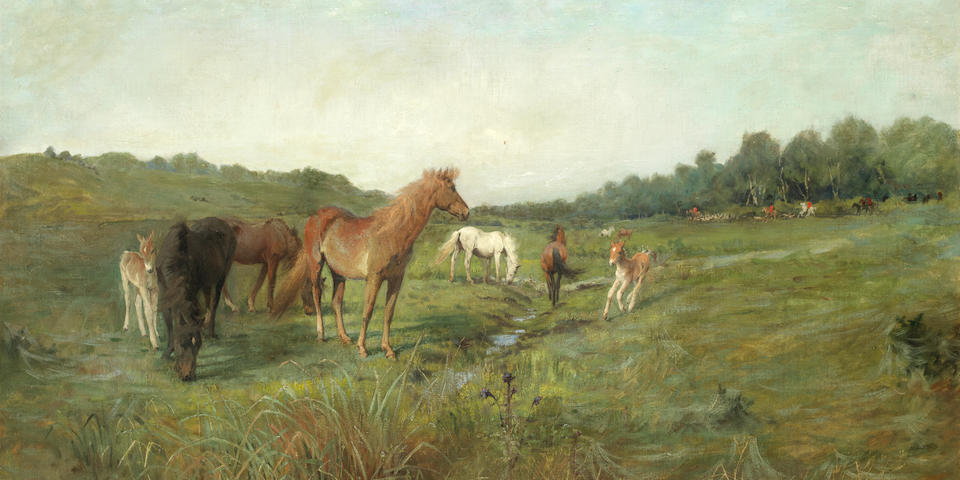 Lucy Kemp Welch (British, 1869-1958) Wild horses on a meadow, the hunt beyond