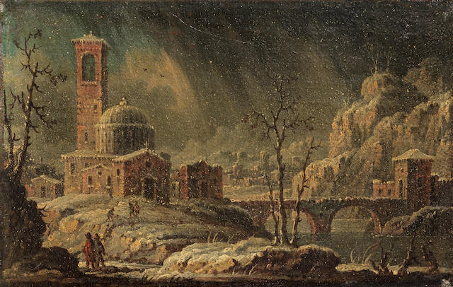 Alessandro Grevenbroeck (active Venice, 1717-1787) Shipping in stormy seas; A riverside city on fire; A Mediterranean harbour at dusk; A winter landscape; and A rocky river landscape  (5)