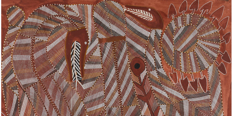 John Mawurndjul (born circa 1952) Rainbow Serpent and Water Lilies, 1997