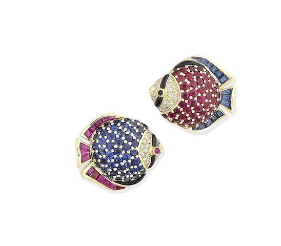 Bonhams : A pair of ruby, sapphire and diamond novelty earrings
