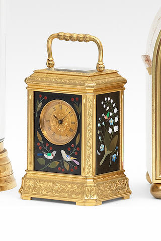 A very rare late 19th century French engraved brass miniature carriage timepiece with pietra dura panels Le Roy et Fils, 13 et 15 Palais Royal, Paris, 13281, further numbered 12547