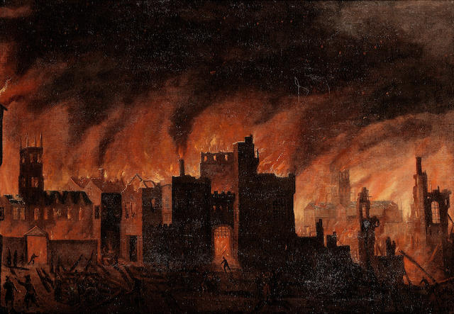 Circle of Jan Griffier (Amsterdam 1656-1718 London) The Great Fire of London from Cripplegate, showing the lead on the roof of Saint Paul's catching light on the night of 4 September 1666