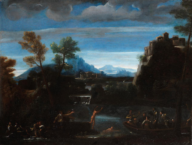 Bolognese School, 17th Century A river landscape with figures merrymaking on the banks with others bathing