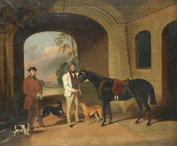 Edwin M. Fox (British, active 1830-1870) A gentleman with his horse, groom and dogs
